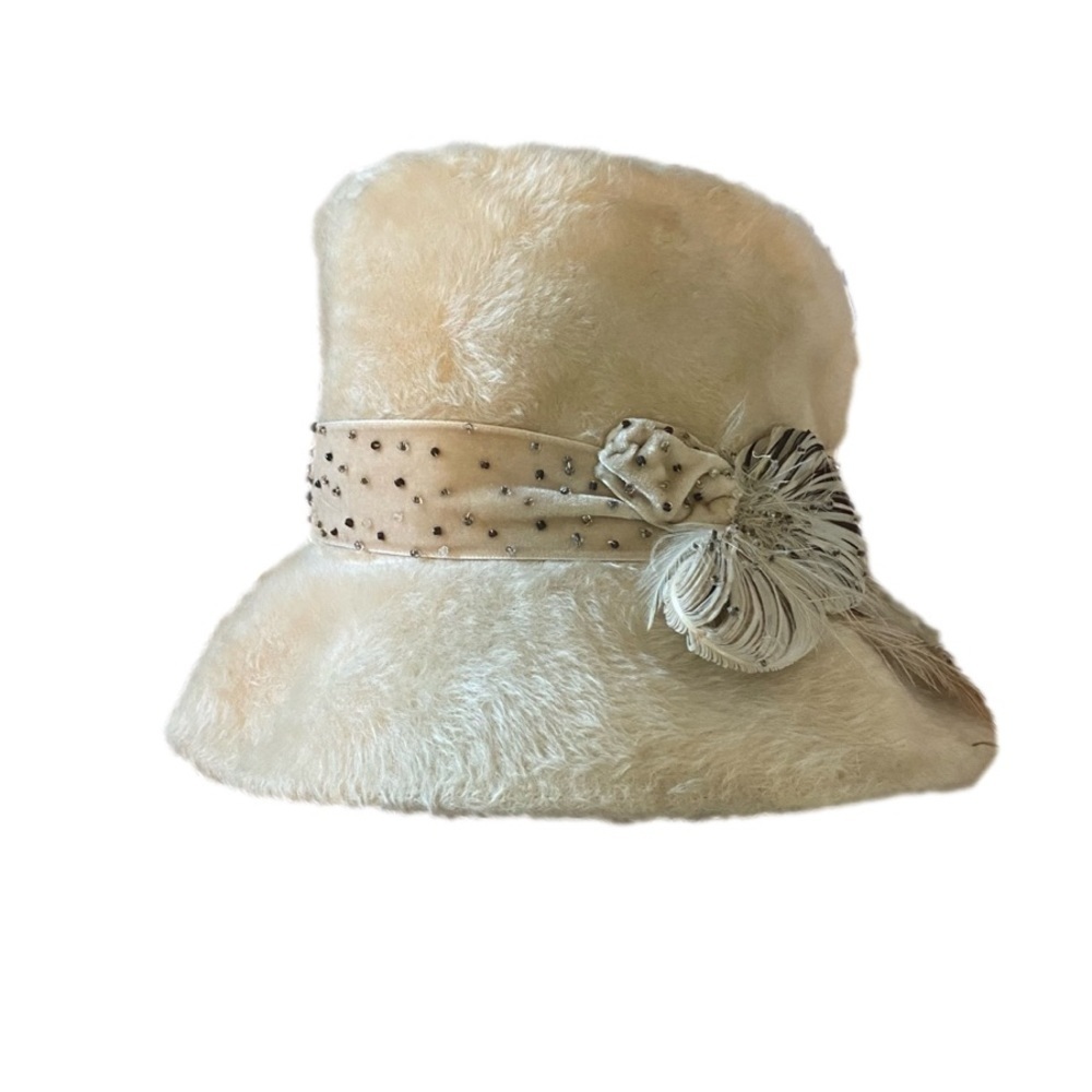 Vintage Edwardian Fur wide brim hat with feathers and band crystal adorned